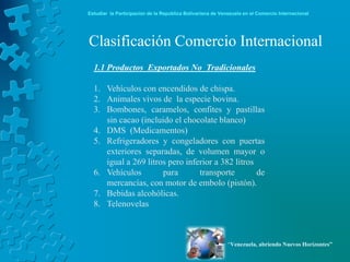 Estudiar la Participación de la República Bolivariana de Venezuela en el Comercio Internacional




Clasificación Comercio Internacional
  1.1 Productos Exportados No Tradicionales

  1. Vehículos con encendidos de chispa.
  2. Animales vivos de la especie bovina.
  3. Bombones, caramelos, confites y pastillas
     sin cacao (incluido el chocolate blanco)
  4. DMS (Medicamentos)
  5. Refrigeradores y congeladores con puertas
     exteriores separadas, de volumen mayor o
     igual a 269 litros pero inferior a 382 litros
  6. Vehículos        para       transporte        de
     mercancías, con motor de embolo (pistón).
  7. Bebidas alcohólicas.
  8. Telenovelas



                                                            “Venezuela, abriendo Nuevos Horizontes”
 