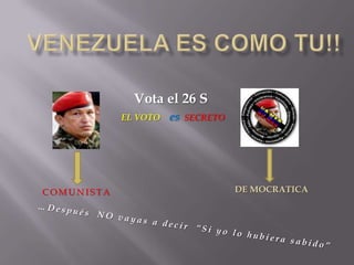 Venezuela es como tu!! Vota el 26 S EL VOTOes  SECRETO   DE MOCRATICA COMUNISTA …Después  NO vayas a decir  “Si yo lo hubiera sabido” 