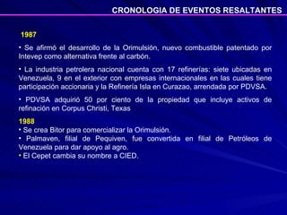   1987 Se afirmó el desarrollo de la Orimulsión, nuevo combustible patentado por Intevep como alternativa frente al carbón. La industria petrolera nacional cuenta con 17 refinerías: siete ubicadas en Venezuela, 9 en el exterior con empresas internacionales en las cuales tiene participación accionaria y la Refinería Isla en Curazao, arrendada por PDVSA. PDVSA adquirió 50 por ciento de la propiedad que incluye activos de refinación en Corpus Christi, Texas 1988 Se crea Bitor para comercializar la Orimulsión. Palmaven, filial de Pequiven, fue convertida en filial de Petróleos de Venezuela para dar apoyo al agro.  El Cepet cambia su nombre a CIED. CRONOLOGIA DE EVENTOS RESALTANTES 