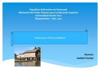 Republica Bolivariana de Venezuela 
Ministerio del Poder Popular para la Educación Superior 
Universidad Fermín Toro 
Barquisimeto – Edo. Lara 
Alumno: 
Naddaf Charbel 
VENEZUELA PRECOLOMBINA 
 