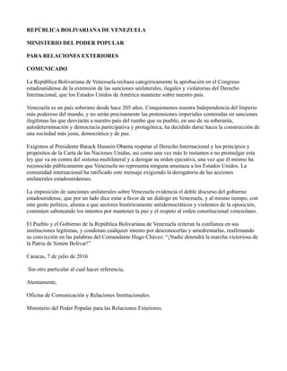 REPÚBLICA BOLIVARIANA DE VENEZUELA
MINISTERIO DEL PODER POPULAR
PARA RELACIONES EXTERIORES
COMUNICADO
La República Bolivar...