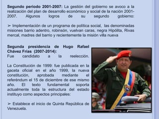 Segundo periodo 2001-2007: La gestión del gobierno se avoco a la
realización del plan de desarrollo económico y social de la nación 20012007.
Algunos
logros
de
su
segundo
gobierno:
➢ Implementación de un programa de política social, las denominadas
misiones barrio adentro, robinsón, vuelvan caras, negra Hipólita, Rivas
mercal, madres del barrio y recientemente la misión villa nueva

Segunda presidencia de Hugo Rafael
Chávez Frías (2007-2014):
Fue
candidato
a
la
reelección.
La Constitución de 1999: fue publicada en la
gaceta oficial en el año 1999, la nueva
constitución,
aprobada
mediante
el
referéndum el 15 de diciembre de ese mismo
año.
El
texto
fundamental
soporta
actualmente toda la estructura del estado
instituyo como aspectos principales:
➢ Establece el inicio de Quinta República de
Venezuela.

 
