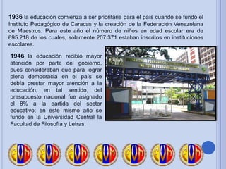 1936 la educación comienza a ser prioritaria para el país cuando se fundó el
Instituto Pedagógico de Caracas y la creación de la Federación Venezolana
de Maestros. Para este año el número de niños en edad escolar era de
695.218 de los cuales, solamente 207.371 estaban inscritos en instituciones
escolares.

1946 la educación recibió mayor
atención por parte del gobierno,
pues consideraban que para lograr
plena democracia en el país se
debía prestar mayor atención a la
educación, en tal sentido, del
presupuesto nacional fue asignado
el 8% a la partida del sector
educativo; en este mismo año se
fundó en la Universidad Central la
Facultad de Filosofía y Letras.

 