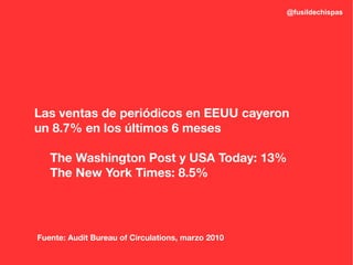 @fusildechispas




Las ventas de periódicos en EEUU cayeron
un 8.7% en los últimos 6 meses

   The Washington Post y USA Today: 13%
   The New York Times: 8.5%




Fuente: Audit Bureau of Circulations, marzo 2010
 