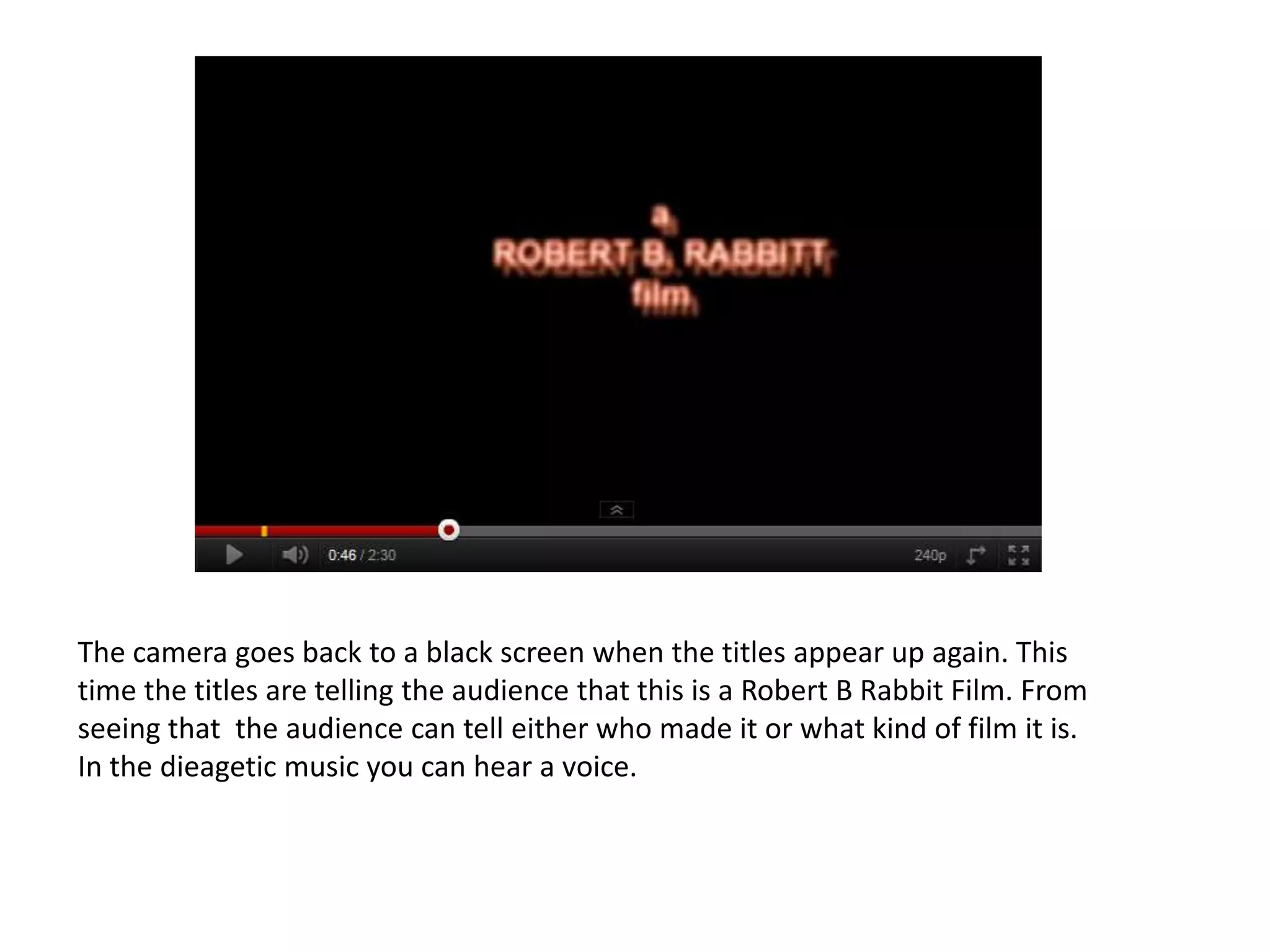 The camera goes back to a black screen when the titles appear up again. This
time the titles are telling the audience that this is a Robert B Rabbit Film. From
seeing that the audience can tell either who made it or what kind of film it is.
In the dieagetic music you can hear a voice.
 