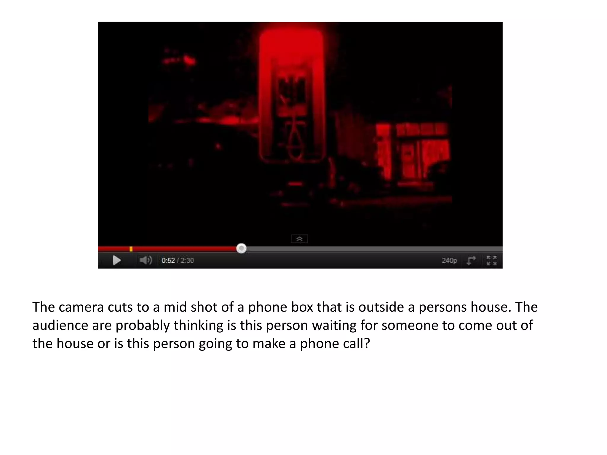 The camera cuts to a mid shot of a phone box that is outside a persons house. The
audience are probably thinking is this person waiting for someone to come out of
the house or is this person going to make a phone call?
 