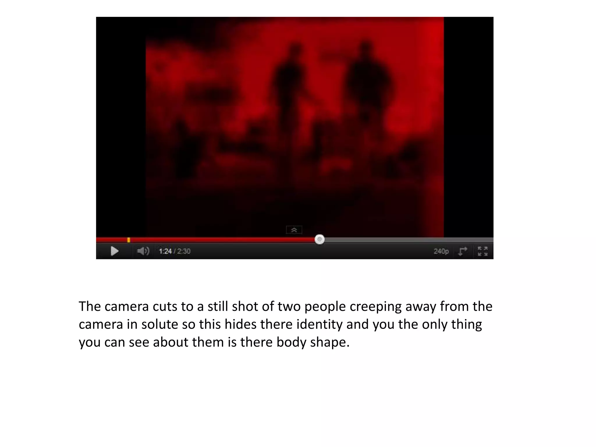 The camera cuts to a still shot of two people creeping away from the
camera in solute so this hides there identity and you the only thing
you can see about them is there body shape.
 