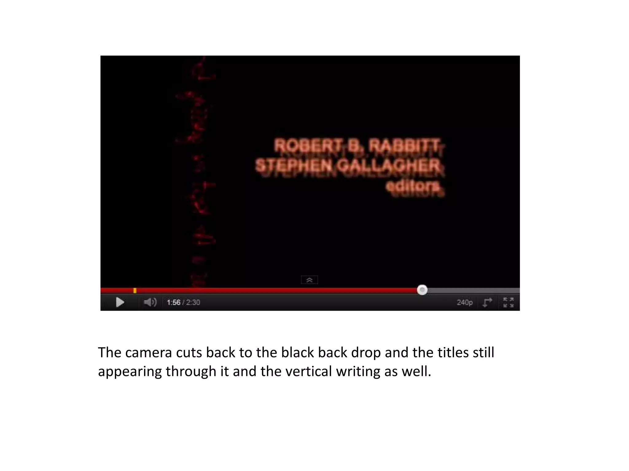 The camera cuts back to the black back drop and the titles still
appearing through it and the vertical writing as well.
 
