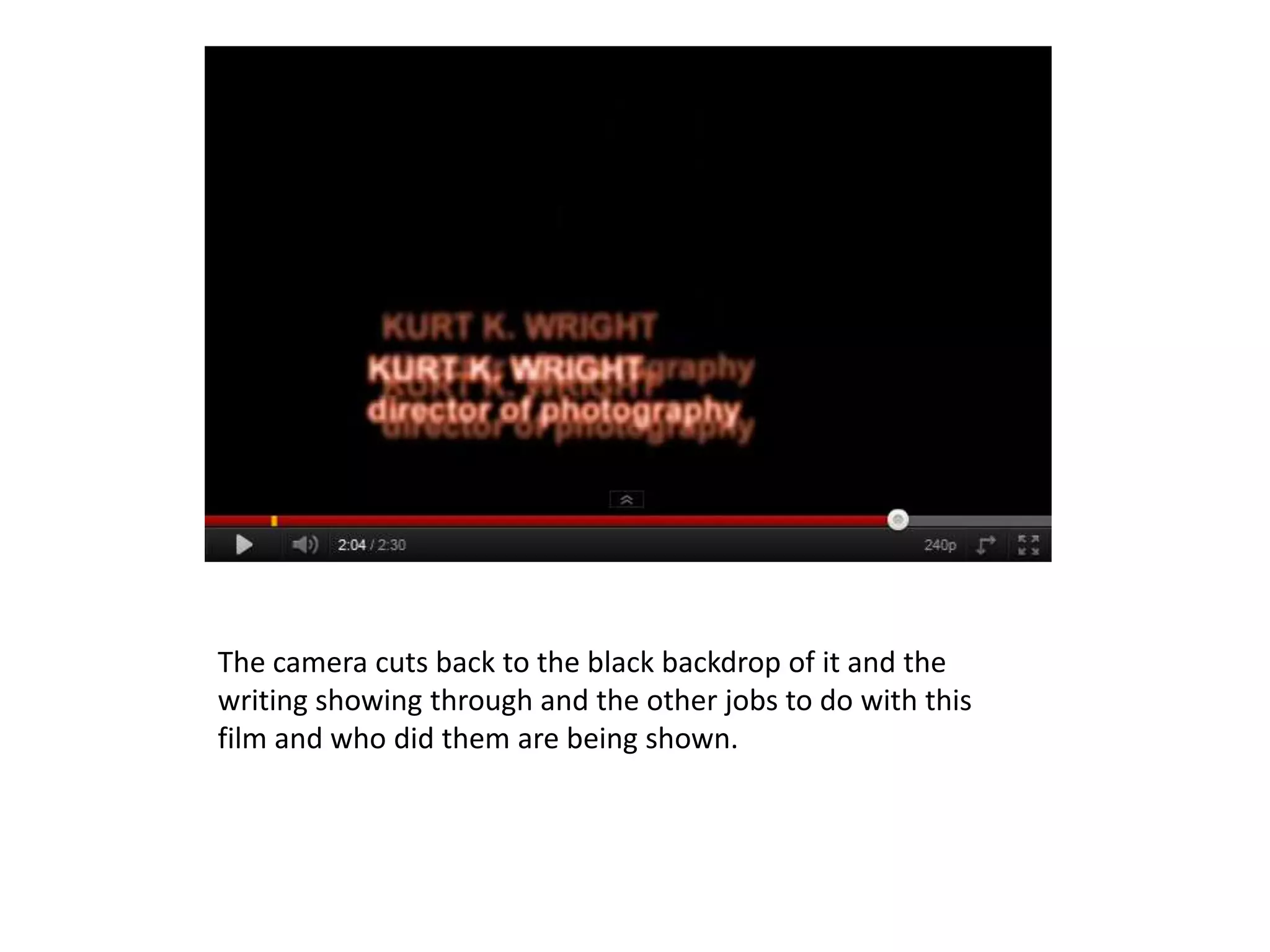 The camera cuts back to the black backdrop of it and the
writing showing through and the other jobs to do with this
film and who did them are being shown.
 