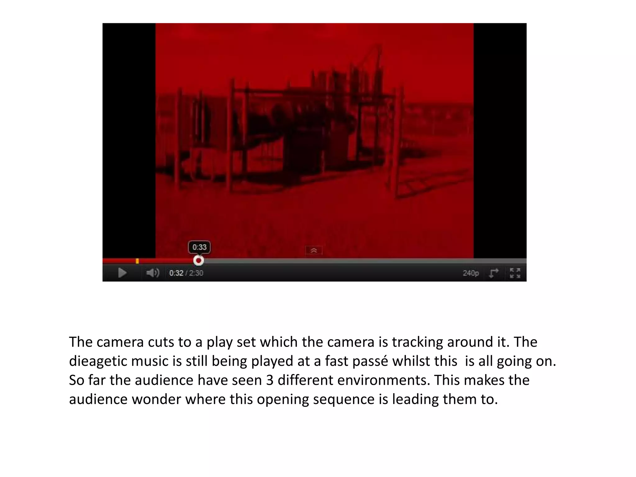 The camera cuts to a play set which the camera is tracking around it. The
dieagetic music is still being played at a fast passé whilst this is all going on.
So far the audience have seen 3 different environments. This makes the
audience wonder where this opening sequence is leading them to.
 