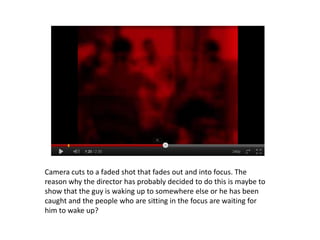 Camera cuts to a faded shot that fades out and into focus. The
reason why the director has probably decided to do this is maybe to
show that the guy is waking up to somewhere else or he has been
caught and the people who are sitting in the focus are waiting for
him to wake up?
 
