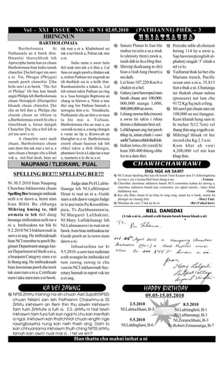Vo l - XX I I S S U E N O . -18 N I 02.05.2010                            ( PAT H I A N N I ) P H ÊK - 3
                       HRINGNUN                                                       HRIATZAUNA
                    BARTHOLOMAIA                                        Saturn Planet hi lian hle              Periodic table ah element
       Bartholomaia          hi    tak mai a ni a. Khabehmul sei
                                                                        mahse tui aiin a sa a muk              hming 114 lai a awm a,
Nathanaela an ti bawk hin.        tak a nei bawk a, Palian tak mai
Hmanlai thurochhiah leh            a ni.                                lo (density tlem) zawk a,              Sap hawrawp(english al-
Aprocripha lamte kan en chuan              India rama a awm laiin       tuiah dah ta ila a l^ng thei.          phabet) zingah ‘J’ chiah a
Bartholomaia hian India ramah      thil mak tam tak a ti hin a. Lal    Shrimp (kaikuang te chi)               tel ve lo.
chanchin |ha hril ngei nia sawi    fanu mi anglo pawh a tihdam sak      hian a l<ah lung (heart) a             Tuifinriat thuk lai ber chu
a ni. Tin, Phrugia (Phrygia)       a, milem Pathian ten engmah an       nei daih.                              Mariana trench, Pacific
ramah pawh chanchin |tha           tih theihloh zia te a hrilh hin.    Lei hian 107,220 Km/h a                ocean ami a ni a, 35,813
hrila sawi a ni bawk. ‘The Act     Ramhuaizâwlte a tidam a, Lal         chakin ni a hel.                       feet a thuk a ni. Chutianga
of Philipa’ tih bua kan hmuh       leh mitam takin Pathian an ring      Galaxy (arsi bawmpui) tam              tui thukah chuan nekna
angin Philipa leh Barthoilomaia    ta a. Isua hmingin Baptisma an
                                                                        berah chuan arsi 100,000,              (preasure) nat lam chu
chuan Heirap[oli (Hierapolis)      chang ta hlawm a. Nitin a tam
khuaah chuan chanchin |ha          thei ang ber Pathian hnenah a
                                                                        000,000 aanga 1,000,                  9172 Kg/Sq inch a tling.
chu an hril dun a, Philipa chu     awngai hin a ni. Nimahsela,       000,000,000 an awm.                    Mi nawl pui chuan sam zai
chutah chuan an tihlum ta          Puithiamte chu an thin a ur nasa     I chung zawna thla (moon)              100,000 an nei tlangpui.
a,Bartholomaia erawh hi chu a      ta hle mai a. Tichuan,               a awm lai takin i rihna                Kum khatah heng sam te
tlanchhuak a, hmun dangah          Bartholomaia chu an man a, an        tlemin a tlahniam hret zel.            hi inches 5(12.7cm) vel
Chanchin |ha chu a hril leh ta     vawnék ta mai a, a nung chungin      Lehkhapuan eng tiat pawh               hang hin ang a ngaih a ni.
zel nia sawi a ni.                 a vunte an lip a, Kraws-ah an        thlep la, intiat chiah i vawi          Mihringf thluak rit ber
       A chanchin sawi naah        khengbet ta a ni. Bartholomaia       sarih(7)aitamathlehtheihloh.           record chu Kg 2.3 a ni.
chuan, Bartholomaia chuan          erawh chuan huaisen tak leh
                                                                        Indian lotus chi (seed) hi             Kum khat ah vawi
sam dum ha tak mai a nei a, a     chhel takin a thih thlengin,
sam chuan a bengte chu a khuh
                                                                        kum 300-400 thleng chhe                4,200,000 vel mit kan
                                   phunnawi lovin a Lalpa tan a tuar
vek a, mit bial deuh, hnar sei     a, martarin a lo thi ta a ni.        lovin a dam thei.                      khap hin.

        NAUPANG / TLEIRAWL PUAL                                                   C H AW H C H AW R AW I
                                                                                           ENG NGE AN SAWI?
   SPELLING BEE!!! SPELLING BEE!!!                                     NCI chuan Spelling Bee kan tih hunah Time Keeper atan Tv Zohminghluna
                                                                       ka ruat e, ani a lennaa Bell hmet hang a nia.               -Tenuna
Ni 30.5.2010 hian Naupang                 Judge atan Pu H.Lalrin-      Chawlhni chawhma inkhawm banah NCI committee kohna ka dawng a,
Chawhnu Inkhawmte chuan                                                chawhnu inkhawm banah kan committee zui nghal mawle....luhai thlak
                                   tluanga leh Nl.Lalhlimpuii
                                                                       duhkhawp mai.                                                   -Tema
Spelling Bee hmangin intihsiak     Hmar te ruat an ni a. Guide         Kei chu Bike chuan hi ka hlau lo reng reng, nuam ka ti lutuk, mittui tla
neih a ni dawn a, hemi atan        siam a nih dawn vangin Judge        phungin ka chuang hin                                    -Mary Faki
hian Bible Bu chhunga                                                  Mumbai-ah vawi 2 bak ka bo lo                       -Bi (Vaikal haw)
                                   te lo pui turin Pu Krosshlim-
Mihring hming te, thil             puia, Tv.Zochhuanmawia,                                 BILL DANGDAI
awmzia te leh thil dang            Nl.Margaret Lalhakimi,                (A tak a ni si...submit a nih hmain hmuh hman hlauh a ni)
hmanga intihsiakna neih tur a      Nl.Mary Lalfaktluangi leh
ni a. Intihsiakna tur bik hi       Nl.Lalmuanzovi te ruat an ni
9.2.2010 NCI Inkhawmah la          bawk.Anni hian intihsiakna tur
sem a ni ang. He intihsiaknaah     Guide pawh an la rawn siam
hian NCI member tu pawh Be-        dawn a ni.
ginner Department aanga Jun-             Inbuatsaihna tur hi
ior Department tel theih a ni a,   9.5.2010 -a sem tura ruahman
a hranpain Category siam a ni      a nih avangin he intihsiaka tel
lo thung ang. He intihsiaknaah     tum zawng zawng te chu
hian lawmman pawh ha tawk         vawiin NCI inkhawmah Sec-
tak siam tum a ni a, Certificate   retary hnenah in report vek tur
mawi taka siam tum a ni bawk.      a ni ang.

                      KA VEI ZAWNG                                                        HAPPY BIRTHDAY
   NPSS Zirtirtu training-na-ah chuan Asst.Supdt(NPSS)                                     09.05-15.05.2010
   chuan Nilaini zan leh Pathianni Chawhnu-a SS
   Zirtirtu inkhawm an tlem hin thu sawiin inkhawm                           2.5.2010                             8.5.2010
   tam turin Zirtirtute a fuih a. S.S. zirtirtu ni hial tawh             Nl.Lalrinchhani, B-7                 Nl.Lalrinngheti, B-1
   inkhawm tam tura fuih kan ngai hi chu kan inenfiah                                                         Nl.Laltlansangi, B-3
   a ngai. Inkhawm kan thatchhiat chuan engtin nge                            5.5.2010                        Nl.Zoramchhani, B-3
   rawngbawlna nung kan neih theih ang. Dam lo                           Nl.Laldingliani, B-6              Tv.Robert Zonunsanga, B-7
   kan chhuanlama inkhawm hulh ching NPSS zirtirtu
   lamah kan awm nual mai a , i tel ve em?
                                           Hun thattu chu mahni inthat a ni
 