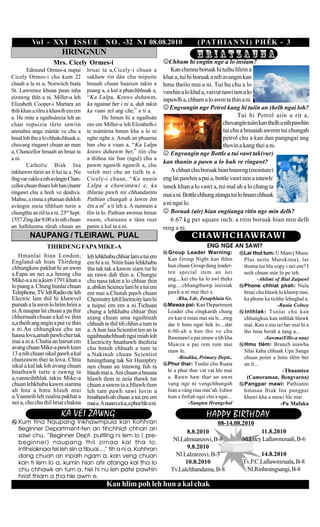 Vo l - XX I I S S U E N O . -32 N I 08.08.2010                                   ( PAT H I A N N I ) P H ÊK - 3
                         HRINGNUN                                                         HRIATZAUNA
                     Mrs. Cicely Ormes-i                                  ☺Chhum hi engtin nge a lo insiam?
        Edmund Ormes-a nupui          hruai ta a,Cicely-i chuan a            Kan chenna boruak hi tuihu hlirin a
Cicely Ormes-i chu kum 22             sakhaw rin dàn chu mipuite          khat a, tui hi boruak a nih avangin kan
chauh a la ni a, Norwiich biala       hmaah chuan huaisen takin a         hmu theilo mai a ni. Tui hu chu a lo
St. Lawrence khuaa puan taha          puang a, a kut a pharchhhuak a,     vawhin a lo khal a, vaivut nawi nen a lo
eizawng hîn a ni. Miller-a leh       “Ka Lalpa, Kraws duhawm,            inpawlh a, chhum a lo awm ta hin a ni.
Elizabeth Cooper-i Martara an         ka ngainat ber i ni a, duh takin
thih khan a rilru a khawih em em      ka vuan zel ang che,” a ti a.
                                                                          ☺ Engvangin nge Petrol kang hi tuiin an helh ngai loh?
a. He mite a ngaihsànzia leh an                He hmun hi a ngaihsàn                                        Tui hi Petrol aiin a rit a,
chan ropuizia tûrte sawiin            em em Miller-a leh Elizabeth-i                                  chuvangin tuiin kan helh a nih pawhin
anmahni anga màrtàr ve chu a          te màrtàrna hmun kha a lo ni                                    tui chu a hnuaiah awmin tui chungah
hnial loh thu a lo chhakchhuak a;     nghe nghe a. Amah an phuarna                                    petrol chu a kan dan pangngai ang
chuvang ringawt chuan an man          ban chu a vuan a, “Ka Lalpa                                     thovin a kang thei a ni.
a, Chancellor hmaah an hruai ta       kraws duhawm ber,” tiin chu         ☺ Engvangin nge Bottle a tui vawt tak(vur)
a ni.                                 a thihna tùr ban (ngul) chu a
                                                                          kan thunin a pawn a lo huh ve ringawt?
        Catholic Biak Ina             pawm ngawih ngawih a, chu
inkhawm tûrin an ti lui ta a. Nu      veleh mei chu an tialh ta a.           A chhan chu boruak hian hnawng (moisture)
fing var vaklo a nih avângin Chan-    Cicely-i chuan, “ Ka nunin          eng lai pawhin a pai a, bottle vawt nen a intawh/
cellor chuan thiam loh han chantr     Lalpa a chawimawi e, ka             innek khan a lo vawt a, tui mal ah a lo chang ta
ringawt chu a hreh ve deuhva.         thlarau pawh mi chhandamtu          mai a ni. Bottle chhung aanga tui lo hnam chhuak
Mahse, a rinna a phatsan duhloh       Pathian chungah a lawm êm
avângin meia tihhlum turin a          êm a ni” a ti leh a. A nunnain a    a ni ngai lo.
chungthu an rél ta a ni. 23rd Sept.   tlin ta lo. Pathian awmna hmun      ☺ Boruak (air) hian engtianga ritin nge min delh?
1557 Zing dar 8:00 a lo nih chuan     nuam, chatuana a tâna ruat             6.67 kg per square inch. a ritin boruak hian min delh
an halhlumna tûrah chuan an           panin a kal ta a ni.                reng a ni.
         NAUPANG / TLEIRAWL PUAL                                                        C H AW H C H AW R AW I
                  THIRDENG FAPA MIKE-A                                                          ENG NGE AN SAWI?
                                                                            Group Leader Warning :              Lar thut tum: U Mam ( Music
   Hmanlai hian London, leh lehkhabu chhiar lam a tui em
                                                                            Kan Group Night kan thlen           Plus neitu Marokima), lar
England-ah hian Thirdeng em hi a ni. Nitin hian lehkhabu
chhungkaw pakhat hi an awm ha tak tak a kawm siam tur hi                   hun chuan Group dang leader-        thutna tur hla copy i nei em? I
a.Fapa an nei a,a hming chu an rawn dah hin a. Chungte                     ten special item an nei             neih chuan min lo pe teh.
Mike-a a ni a,kum 1791 khan a chu nasa takin a lo chhiar hin               ang....kei chu ka lo awl theks             -Ahlimi of Bial Zaipawl
lo piang a. Chung hunlai chuan a, abikin Science lam hi a tui em            ang....chhangthawp ineisiak         Phone chhiat phah: Nula
Telephone, TV leh Radio etc leh em mai a.Chutah pawh chuan                  pawh a ni mai thei e.               hruai chu hlawk lo khawp mai,
Electric lam thil hi khawvel Chemistry leh Electricity lam hi                    -Rka, Ldr, Zosaphluia Gr.      ka phone ka tichhe lehnghal a.
pumah a la awm lo hrim hrim a a tuipui em em a ni.Tichuan                   Mawza pai: Kan Department                           -Ruaia Colney
ni.A naupan lai chuan a pa thir chung a lehkhabu chhiar hin                Leader chu zingkarah chang          Inthlak : Tunlai chu kan
chhernaah chuan a kal ve hin aang chuan ama ngaihtuah                     zir kan ti miau mai sia le...zing   chhungkua kan inthlak hlawk
a,a theih ang angin a pui ve hin chhuah in thil tih chhin a tum ta         dar 6 hmu ngai hek lo....dar        mai. Kan u mu rei ber mai hi a
a ni.An chhungkua chu an a. A hun laia Scientist ten an la                  6:00-ah a han tho ve chu            tho hma berah a ang a...
hausa lova,amah pawh cher tak ngaihtuahchhuah ngai miah loh                 Rawmawl a pai emaw a tih kha                  -Sawma(Ellis-a nau)
mai a ni a. Chutia an harsat em Electricity hnathawh theihzia               Mawza a pai rem rum mai             Hmu tlém: Branch aiawha
avang chuan Mike-a pawh kum chu hmuh chhuah a tum ta
                                                                            maw le.                             Silai kaha chhuak Upa Sanga
13 a nih chuan sikul pawh a kal a.Nakinah chuan Scientist
chunzawm thei ta lova. Chtia hmingthang tak Sir Humphry                           -Rindika, Primary Deptt..     chuan point a hmu tlêm ber
sikul a kal tak loh avang chuan nen chuan an intawng fuh ta                 Phur thar: Tunlai chu Ruaia         an ti...
hnathawh turte a zawng ta hlauh mai a. Ani chuan a hnuaia                   hi a phur thar vat vat hle mai                         -|huamtea
a,vanneihthlak takin Mike-a hlawh tlem te neia thawk tur                    a. Rawn haw thar an awm              (Cameraman, Bengvarna)
chuan lehkhabu kawm siamna chuan a sawm ta a.Hlawh tlem                     vang nge ni vengchhungah            Pangpar mawi: Pathianni
ah hna a hmu hlauh mai leh tam pawh sawi lovin a                            hian a váng riau mai’ah. Editor     hmasaa Biak Ina pangpar
a.Vanneih leh zualna pakhat a hnathawh-ah chuan a tui em em                 hian a finfiah ngei chu a ngai...   khawi kha a mawi hle mai
nei a, chu chu thil hriat chakna mai a. A nuam a ti a, a phur hle a ni.                -Sangtea Hrangchal                         -Pu Mafaka
                         KA VEI ZAWNG                                                          HAPPY BIRTHDAY
   Kum tina Naupang Inkhawmpuia kan Kohhran                                                          08-14.08.2010
   Beginner Department-ten an tihchhiat chhan an
                                                                                    8.8.2010                           11.8.2010
   sawi chu, “Beginner Dept. puitling ni lem lo ( pre-
                                                                              Nl.Lalmuanzovi, B-8               Nl.Lucy Lallawmzuali, B-6
   beginner) naupang thil zirnaa kal ha lo,
   intihsiaknaa tel leh siin a tibuai...,” tih a ni a. Kohhran                      9.8.2010
   dang chuan an inpaih ngam a, kan veng chuan                                 Nl.Lalzarzovi, B-3                      14.8.2010
   kan ti lem lo a, kumin hian atir aanga kal ha lo                              10.8.2010                    Tv.P.C.Lallawmzuala, B-8
   chu chhawk an tum a, hei hi nu leh pate pawhin                            Tv.Lalchhandama, B-8                Nl.Rinhmingsangi, B-8
   hriat thiam a ha hle awm e.
                                              Kan hlim poh leh hun a kal chak
 