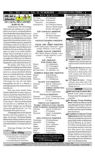 Vo l - XX I I S S U E N O . -32 N I 08.08.2010                                 ( PAT H I A N N I ) P H ÊK - 4
                                                            H U N R U AT N A                        KO HHRAN        INKHÂW M        DÂN
 Hla leh a                                                                                                 Hun               Ni    Ink ha w m
                                                  S.S. |antu    :      Pi Lalzamliani             Inrinni z an             31.7       234
 phuahtu                                          Chawhnu |antu :      Pi Zoramliani              P at hianni c haw hm a    1. 8      939
 AW LALPA, MIN LAWMIN                                                                             P at hianni c haw hnu     1. 8      474
                                                   ” Thusawitu :       Pu Laldinpuia
                                                                                                  P at hianni Zan           1. 8      792
              (K.H.B. NO. 44)                     Zan thusawitu :      Pu Vanlalvena Hnamte       N ilaini z an             4. 8      129
        He hla hi kum 1795-1855 chhung                                 Director, Masihi Sangati
                                                                       Kendra, Bawngkawn
                                                                                                               K|P HUANG
laia Evan Evans-a phuah a ni a. A nu leh
pa hi lo nei mi an ni a, an khuaah lehka te             K|P |AWNG|AI INKHÂWM                            ONLINE COUNSELLING
zirin, hla phuahtu hming thâng Homer-a            A hun       : Dar 11:30 A.m                     Harsatna i neih chuan hetah hian aw:
leh Virgila-te hla chu a zir hîn a, chu          Hruaitu     : Nl. Maria Lalnunpuii                     9612568928/9436195572
school ata a lo chhuah hnuin a nu leh pa          |antu       : Tv. Lalremsanga
                                                                                                  K|P INKHAW M DAN           (02.08.2010)
anpui tûrin lo lamah hna a thawk ve ta a.          NAUPANG CHAWHNU INKHÂWM                           Hm ing        M br   Ink ha w m Pc/Av
A pa pawh kohhran upa niin, amah pawh                              &                              B r. Com t.       30        23      76.7
chu Pathian mi tak a lo ni chho ta a, a lo          YOUTH FOR CHRIST INKHÂWM                      S ap Upa Gr.      105       21       20
                                                   (NPSS Inkhawmpui Inbuatsaih a ngaih            P u B uanga Gr.   172       19       11
puitlin chhoh phei chuan Kohhran hovin                                                            Zos aphluia Gr.   108       17      15.7
Kohhhran Upa-ah an thlang tling nghe                 avangin inkhawm a awm lovang)                Zos apthara Gr.   124       26       21
nghe a ni. Kum 21 mi a nihin an khaw                  MASIHI SANGATI INKHÂWM                      M idang            0        1       NA
kianga school zirtirtuah an sáwm a, a               (Bial Masihi Sangati Camping a awm            Total             509      107       21
                                                                                                  Thilpek           Rs .     858      8.02
thawk ta a. Khawtlang leh Kohhranho tân              avangin a hranga inkhawm a awm
mi angkai a lo i chho ta zel a ni. Hla awm
                                                                  lovang)                                        BRANCH
                                                                K|P     INKHAWM                      Amplifier repair : Kohhran Hall-
dàn leh kal hmáng hi a hre êm êm mai a,
                                                              (Faith   Promise hlan)                 Amplifier ha lo siamhat ngaih chu
hla phuah hi a tuiin a thiam hle bawk a ni.                                                          Light & Sound Committee kuta dah
        Mi pakhat John Parry an tih,              Hruaitu          :   Nl. Lalbiakchami
                                                  |antu            :   Nl. C. Rosangpuii             a ni.
naupangte thu inchhang siam hîntu chuan          Thuchah          :   Tv. Lalsangzuala              Chanchin Bu thawn lo: Kohhran
a chanchin a lo hriatin amah pui tûrin a          Spl. Item (Trio) :   Gr. Intihsiaka 1-na           Chanchinbu VENGLAI chu
sawm ta a, chu pa chu kháwl chhutna                                                                  Internet-ah en theiha tarlan a nih
                                                   KOHHRAN       HMEICHHE INKHÂWM                    tawh avangin kan Missionary
hotu a ni a, tichuan John Parry-a hnênah          Hruaitu        : Pi Remchhungi
chuan a thawk a. Evan Evans chuan                                                                    pathum thawn hinte chu thawn a
                                                  |antu          : Pi Rohlupuii, B-4
                                                                                                     ngaih tawh lo.
Kohhran chanchin bu te, Pathian thu thûk          Thusawitu      : Tv. Lallungmuana
                                                                                                     LTP Board lei dawn : Group
(Theology) bu tam tak leh hlabu                          NILAINI    ZAN INKHÂWM                      intihsiak nana hman hin LTP
hmingthâng tak ták te a chhuah a,                 Chairman     :    Upa Dr. Laithanzauva             Board lei tura tih a ni a i/c Tv.GS
intihsiaknaah pawh lawmmam tam tak a              |antu        :    Pi C. Vanlalhruaii               Munga ruat a ni.
hmu hîn a ni.                                    Thupui       :    Kohhran siamhat hnua
                                                                    hrilhfiah dan                                GROUP
        Hun eng emaw hnuah chuan
                                                  Hawngtu         : Pu J.H. Lalpawlliana            Sap Upa Group Treasurer thar:
Pathian tirhkoh hna zir tûrin a inpe ta a,
                                                           PAVALAI INKHÂWM                          Branch Comt. chuan an Group
chumi a zirzawh hnu chuan Pastor a lo ni
                                                  Chairman      : Pu J.C. Lalhrilhmawia             Treasurer atan Nl.Lalnunpuii, B-1
ta a ni. Nu la leh tlangval, halaite hi a
                                                  (|awngai rual leh hla zir nana hun hman          a ruat thar.
ngainain a ngaihsak hîn hle a ni. Evan
                                                                  a ni ang.)                        Pu Buanga Group hnatlang
Evans chuan, “ khawvel-ah hian khual
                                                        INRINNI ZAN INKHÂWM                         dawn: Naktuk zan inkhawm banah
zin mai kan ni a, hahthlak tak a ni.
                                                   |awngai Inkhawm & Fanau enkawlna                veng chhungah Ear bud, Tooth Pick
Israel faten Aigupta ram ata Kanaan
                                                  (Child Evangelism) chungchang thuchah             leh lapaw zuara hnatlan an tum a;
ram an pan ang kha kan ni,” a ti. Tin,            Chairman     : Upa Dr. Laithanzauva               member a tam thei ang ber hnatlang
Chutiangin hla te pawh a ni a ti.                 |antu        : Pi Vanlalpari                      turin min sawm e.
        A hla phuahte hian mi ri lru a khawih     Thusawitu    : Upa K. Vanlalnghaka,               Zosaphluia Group-ten Group
hle hîn a, hla 30 lai a phuah a ni. “Aw                          MSSU Trainer
                                                                                                    Night urlawk: Karleh Thawhlehni
lalpa, min lawmin” tih hla hian Pathian
                                                       ZING |AWNG|AI INKHÂWM                        khian Group Intihsiak neih tur leh
thlamuannain thihna a hnehzia min zirtir          Thawhanni  : Pi Lallianchhungi                   group Night an thlen tur thlirlawkna
a ni. Synod pawhin Zorampum zaipawl               Thawhlehni  : Pi Panthangi
intihsiakna hlaah a lo hmang hîal tawh                                                              nei turin Meeting an nei dawn.
                                                  Nilaini     : Upa C. Rokhuma                      23.8.2010-a Group Night an neih
a ni.                                             Ningani     : Pu Ngaihhlira
        Zoawnga letlingtu chu Pastor                                                               tur an urlawk nasa hle a; hemi zan
                                                  Zirtâwpni   : Pi Sumkungi
Liangkhaia a ni.                                                                                    hian Bial pawn lam aangin
                                                  Inrinni     : Pi Lalzamliani
             Kan Inleng                           Pathianni   : Pi Khuangpari                       hmeichhe Group hmelha leh lar X-
  Pu Samuel Lalfakzauva, Tv.Vanlalvanga Ralte
                                                                                                    Strings, Zarkawt an sawm dawn.
     Pi Laltlanthangi (Tetei), Pi Rengthanpuii,
                                                     Vawiina Biak In-a Pangpar khawitu hi           An Group Comt. chuan Bial 3(B)
         Pi Vanlalzuali, Eli pa (Kross-a),         Pi Lalengmawii an ni a; karleha khawitu          huamchhunga Electric Bill khawn
     Tv.|huamtea (Bengvarna Cameraman)                  tur Pi Lalrinsangi a ni ang.                turin Tv.K.|huama an ruat.
                       Published by Kristian |halai Pawl, Aizawl Venglai Branch. Copies- 360
   Typeset at VENGLAI OFFICE, Aizawl Venglai & Printed at Blue Mountain Offset Printers, Below Vana Pa Hall.               9612319420
 