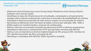 Reconhecer e interpretar conceitos e terminologia essenciais de
integração: 20%
• Diferencie entre Infraestrutura como Serviço (IaaS), Plataforma como Serviço (PaaS) e
Software como Serviço (SaaS).
• Identifique os tipos de infraestrutura de virtualização, computação e armazenamento
exigidos pelos sistemas empresariais e descreva os princípios de escalabilidade do sistema.
• Classifique e descreva protocolos de rede comuns usados ​
​
na comunicação do sistema.
• Reconheça as diferenças entre formatos de dados comuns (por exemplo, XML, YAML e
JSON) usados ​
​
em transformações e arquivos de configuração.
• Defina e descreva os principais conceitos de segurança de API e sistemas empresariais.
• Identifique e descreva os componentes HTTP que permitem serviços web RESTful.
• Defina e use corretamente os termos implementação de API, proxy de API, interface de
API, cliente/consumidor de API e invocação de API.
• Identifique e classifique APIs RESTful, SOAP, AsyncAPI e GraphQL.
 