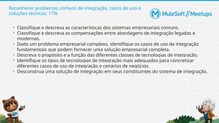 Reconhecer problemas comuns de integração, casos de uso e
soluções técnicas: 17%
• Classifique e descreva as características dos sistemas empresariais comuns.
• Classifique e descreva as compensações entre abordagens de integração legadas e
modernas.
• Dado um problema empresarial complexo, identifique os casos de uso de integração
fundamentais que podem fornecer uma solução empresarial completa.
• Descreva o propósito e a função das diferentes classes de tecnologias de integração.
• Identifique os tipos de tecnologias de integração mais adequados para concretizar
diferentes casos de uso de integração e cenários de negócios.
• Desconstrua uma solução de integração em seus constituintes do sistema de integração.
 