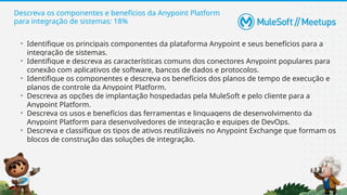 Descreva os componentes e benefícios da Anypoint Platform
para integração de sistemas: 18%
• Identifique os principais componentes da plataforma Anypoint e seus benefícios para a
integração de sistemas.
• Identifique e descreva as características comuns dos conectores Anypoint populares para
conexão com aplicativos de software, bancos de dados e protocolos.
• Identifique os componentes e descreva os benefícios dos planos de tempo de execução e
planos de controle da Anypoint Platform.
• Descreva as opções de implantação hospedadas pela MuleSoft e pelo cliente para a
Anypoint Platform.
• Descreva os usos e benefícios das ferramentas e linguagens de desenvolvimento da
Anypoint Platform para desenvolvedores de integração e equipes de DevOps.
• Descreva e classifique os tipos de ativos reutilizáveis ​
​
no Anypoint Exchange que formam os
blocos de construção das soluções de integração.
 