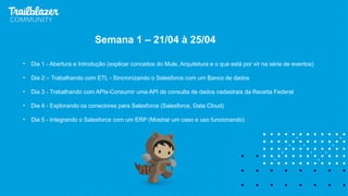 • Dia 1 - Abertura e Introdução (explicar conceitos do Mule, Arquitetura e o que está por vir na série de eventos)
• Dia 2 – Trabalhando com ETL - Sincronizando o Salesforce com um Banco de dados
• Dia 3 - Trabalhando com APIs-Consumir uma API de consulta de dados cadastrais da Receita Federal
• Dia 4 - Explorando os conectores para Salesforce (Salesforce, Data Cloud)
• Dia 5 - Integrando o Salesforce com um ERP (Mostrar um caso e uso funcionando)
Semana 1 – 21/04 à 25/04
 