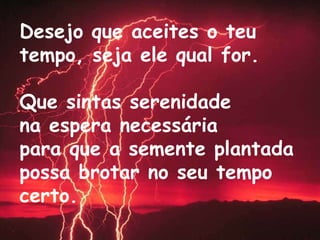 Desejo que aceites o teu tempo, seja ele qual for. Que sintas serenidade  na espera necessária para que a semente plantada possa brotar no seu tempo certo. 