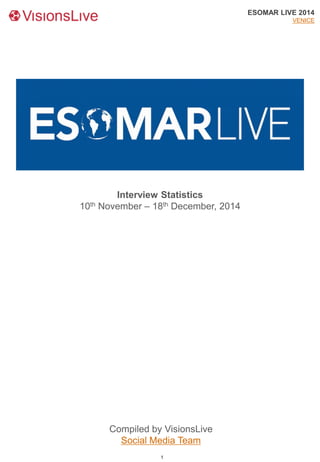 Compiled by VisionsLive
Social Media Team
ESOMAR LIVE 2014
VENICE
Interview Statistics
10th November – 18th December, 2014
1
 