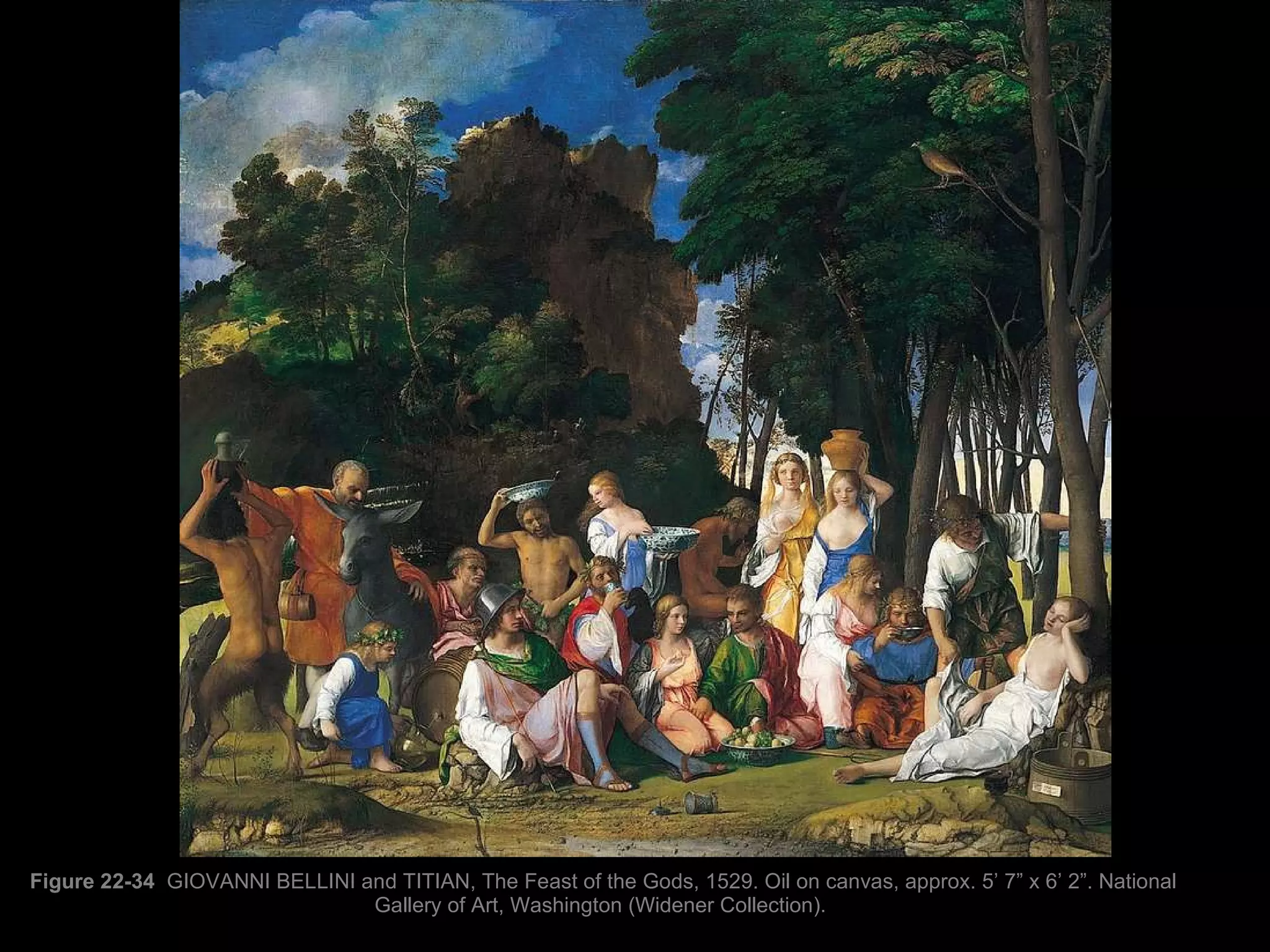 Figure 22-34  GIOVANNI BELLINI and TITIAN, The Feast of the Gods, 1529. Oil on canvas, approx. 5’ 7” x 6’ 2”. National Gallery of Art, Washington (Widener Collection).  