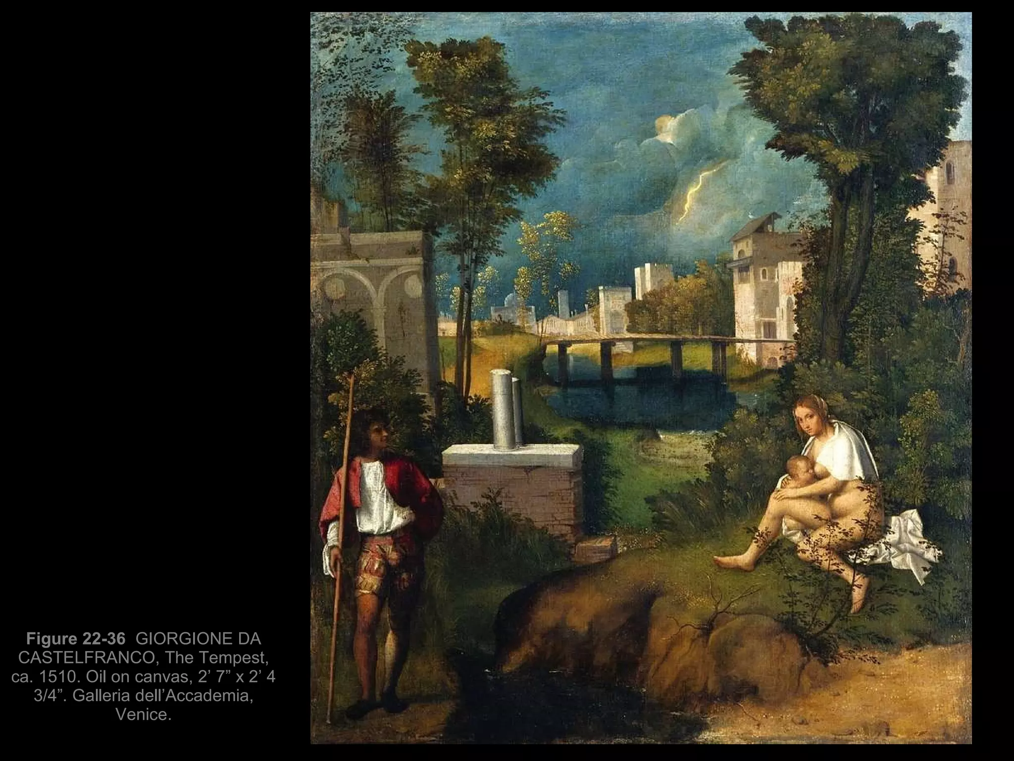 Figure 22-36  GIORGIONE DA CASTELFRANCO, The Tempest, ca. 1510. Oil on canvas, 2’ 7” x 2’ 4 3/4”. Galleria dell’Accademia, Venice. 