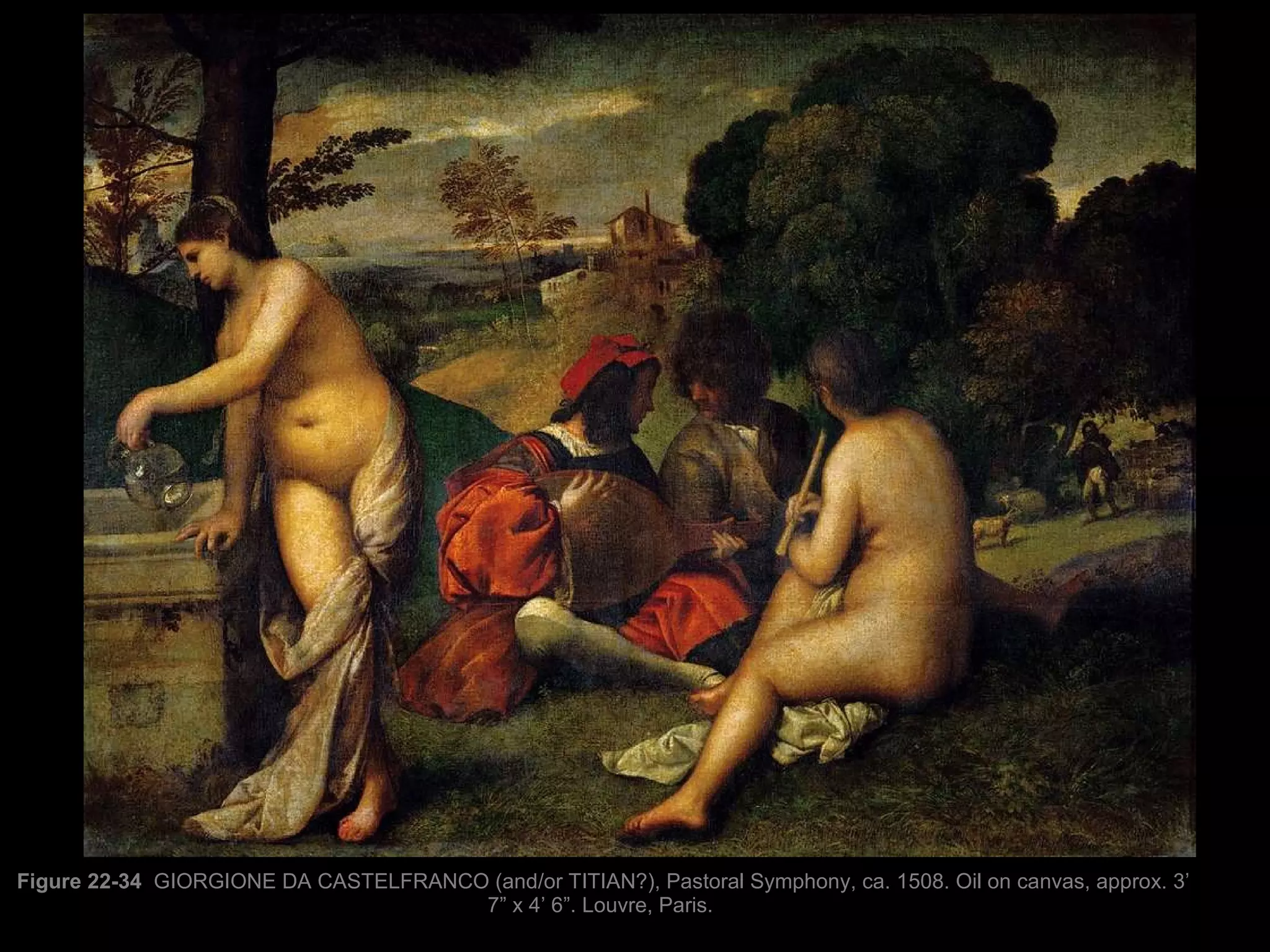 Figure 22-34  GIORGIONE DA CASTELFRANCO (and/or TITIAN?), Pastoral Symphony, ca. 1508. Oil on canvas, approx. 3’ 7” x 4’ 6”. Louvre, Paris.  