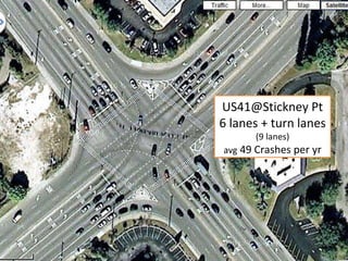 US41@Stickney Pt 6 lanes + turn lanes  (9 lanes) avg  49 Crashes per yr 