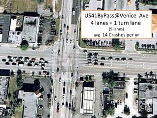 US41ByPass@Venice  Ave 4 lanes + 1 turn lane  (5 lanes) avg   14 Crashes per yr 