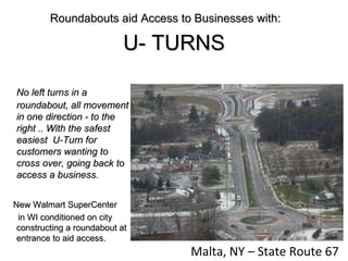 U- TURNS Malta, NY – State Route 67 No left turns in a roundabout, all movement in one direction - to the right .. With the safest easiest  U-Turn for customers wanting to cross over, going back to access a business.  New Walmart SuperCenter in WI conditioned on city constructing a roundabout at entrance to aid access. Roundabouts aid Access to Businesses with: 