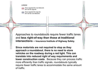 Approaches to roundabouts require fewer traffic lanes and  less right-of-way than those at traditional intersections –  Insurance Institute of Highway Safety.   Since motorists are not required to stop as they approach a roundabout ,  there is no need to store vehicles on the roadway during a red light. This can translate into reduced right of way requirements and lower construction costs  . Because they can process traffic more efficiently than traffic signals, roundabouts typically require fewer traffic lanes to accommodate the same amount of traffic.  