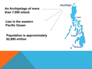 An Archipelago of more
than 7,000 island
Lies in the western
Pacific Ocean
Population is approximately
82,995 million
 