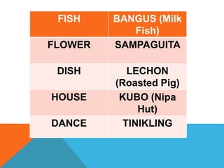 FISH BANGUS (Milk
Fish)
FLOWER SAMPAGUITA
DISH LECHON
(Roasted Pig)
HOUSE KUBO (Nipa
Hut)
DANCE TINIKLING
 