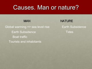 Causes. Man or nature?Causes. Man or nature?
MANMAN NATURENATURE
Global warming => sea level rise Earth Subsidence
Boat traffic
Tourists and inhabitants
Earth Subsidence Tides
 