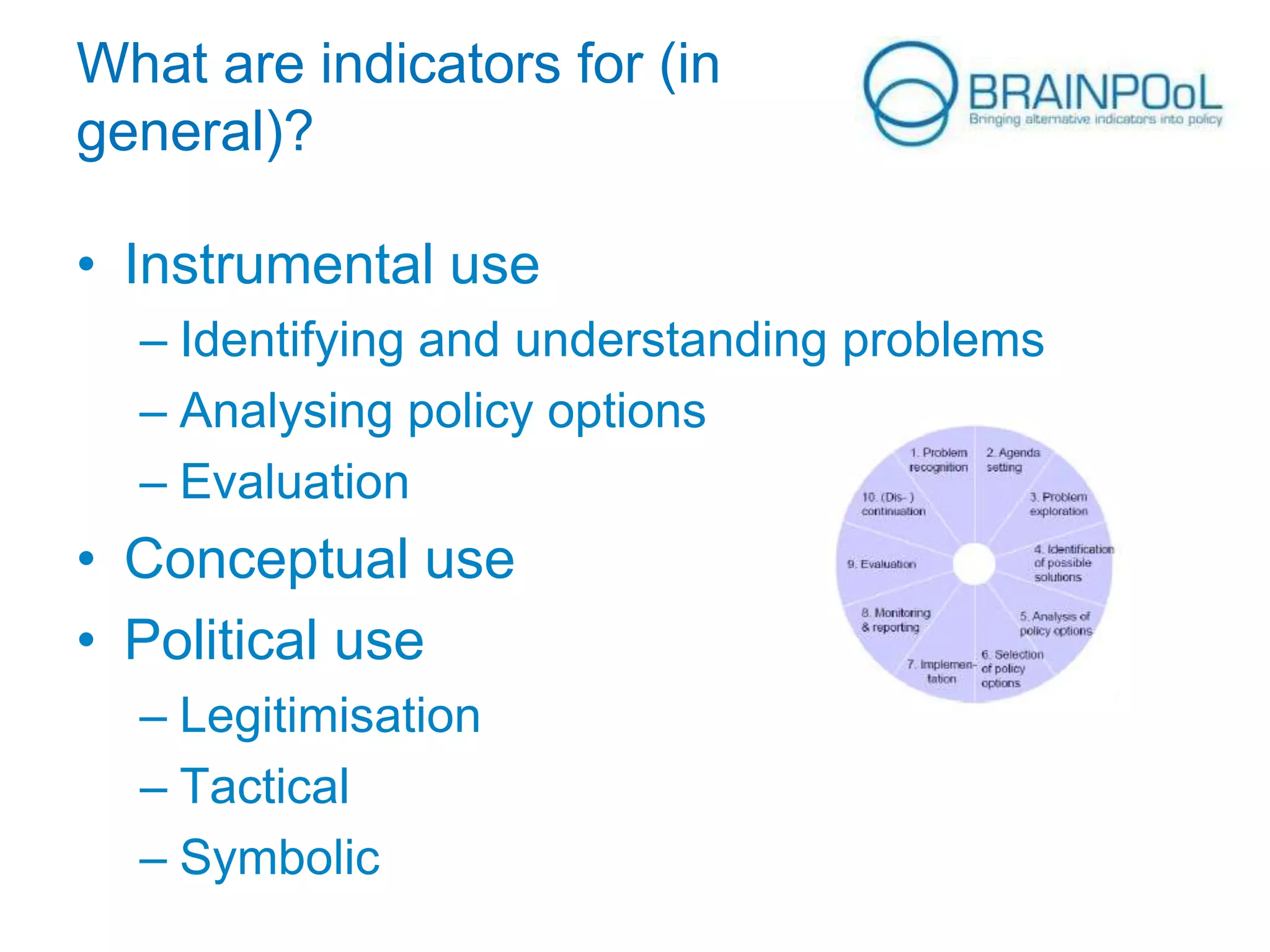 What are indicators for (in
general)?
• Instrumental use
– Identifying and understanding problems
– Analysing policy options
– Evaluation

• Conceptual use
• Political use
– Legitimisation
– Tactical
– Symbolic

 