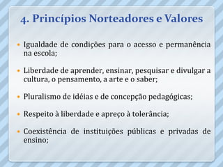 4. Princípios Norteadores e Valores

   Igualdade de condições para o acesso e permanência
    na escola;

   Liberdade de aprender, ensinar, pesquisar e divulgar a
    cultura, o pensamento, a arte e o saber;

   Pluralismo de idéias e de concepção pedagógicas;

   Respeito à liberdade e apreço à tolerância;

   Coexistência de instituições públicas e privadas de
    ensino;
 