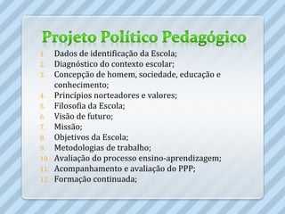 1.  Dados de identificação da Escola;
2.  Diagnóstico do contexto escolar;
3.  Concepção de homem, sociedade, educação e
    conhecimento;
4. Princípios norteadores e valores;
5. Filosofia da Escola;
6. Visão de futuro;
7. Missão;
8. Objetivos da Escola;
9. Metodologias de trabalho;
10. Avaliação do processo ensino-aprendizagem;
11. Acompanhamento e avaliação do PPP;
12. Formação continuada;
 