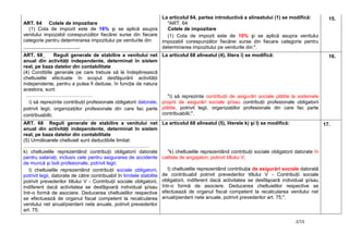 2/15
ART. 64 Cotele de impozitare
(1) Cota de impozit este de 16% şi se aplică asupra
venitului impozabil corespunzător fiecărei surse din fiecare
categorie pentru determinarea impozitului pe veniturile din:
…………………………….
La articolul 64, partea introductivă a alineatului (1) se modifică:
"ART. 64
Cotele de impozitare
(1) Cota de impozit este de 10% şi se aplică asupra venitului
impozabil corespunzător fiecărei surse din fiecare categorie pentru
determinarea impozitului pe veniturile din:".
15.
ART. 68 Reguli generale de stabilire a venitului net
anual din activităţi independente, determinat în sistem
real, pe baza datelor din contabilitate
(4) Condiţiile generale pe care trebuie să le îndeplinească
cheltuielile efectuate în scopul desfăşurării activităţii
independente, pentru a putea fi deduse, în funcţie de natura
acestora, sunt:
………………………………….
i) să reprezinte contribuţii profesionale obligatorii datorate,
potrivit legii, organizaţiilor profesionale din care fac parte
contribuabilii;
La articolul 68 alineatul (4), litera i) se modifică:
"i) să reprezinte contribuţii de asigurări sociale plătite la sistemele
proprii de asigurări sociale şi/sau contribuţii profesionale obligatorii
plătite, potrivit legii, organizaţiilor profesionale din care fac parte
contribuabilii;".
16.
ART. 68 Reguli generale de stabilire a venitului net
anual din activităţi independente, determinat în sistem
real, pe baza datelor din contabilitate
(5) Următoarele cheltuieli sunt deductibile limitat:
………………………………………………………………….
k) cheltuielile reprezentând contribuţii obligatorii datorate
pentru salariaţi, inclusiv cele pentru asigurarea de accidente
de muncă şi boli profesionale, potrivit legii;
l) cheltuielile reprezentând contribuţii sociale obligatorii,
potrivit legii, datorate de către contribuabil în limitele stabilite
potrivit prevederilor titlului V - Contribuţii sociale obligatorii,
indiferent dacă activitatea se desfăşoară individual şi/sau
într-o formă de asociere. Deducerea cheltuielilor respective
se efectuează de organul fiscal competent la recalcularea
venitului net anual/pierderii nete anuale, potrivit prevederilor
art. 75;
La articolul 68 alineatul (5), literele k) şi l) se modifică:
"k) cheltuielile reprezentând contribuţii sociale obligatorii datorate în
calitate de angajatori, potrivit titlului V;
l) cheltuielile reprezentând contribuţia de asigurări sociale datorată
de contribuabil potrivit prevederilor titlului V - Contribuţii sociale
obligatorii, indiferent dacă activitatea se desfăşoară individual şi/sau
într-o formă de asociere. Deducerea cheltuielilor respective se
efectuează de organul fiscal competent la recalcularea venitului net
anual/pierderii nete anuale, potrivit prevederilor art. 75;".
17.
 