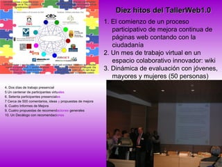 Diez hitos del TallerWeb1.0Diez hitos del TallerWeb1.0
4. Dos días de trabajo presencial
5 Un centenar de participantes virtuales
6. Setenta participantes presenciales
7 Cerca de 500 comentarios, ideas y propuestas de mejora
8. Cuatro Informes de Mejora
9. Cuatro propuestas de recomendaciones generales
10. Un Decálogo con recomendaciones
1. El comienzo de un proceso
participativo de mejora continua de
páginas web contando con la
ciudadanía
2. Un mes de trabajo virtual en un
espacio colaborativo innovador: wiki
3. Dinámica de evaluación con jóvenes,
mayores y mujeres (50 personas)
 