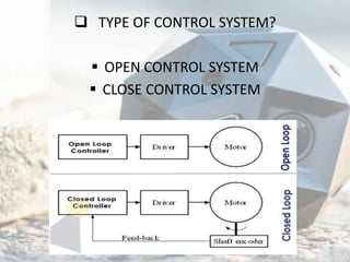  TYPE OF CONTROL SYSTEM?
 OPEN CONTROL SYSTEM
 CLOSE CONTROL SYSTEM
 