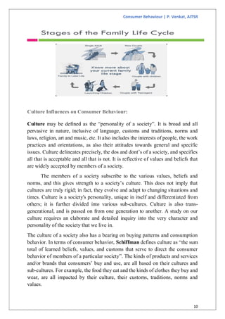 Consumer Behaviour | P. Venkat, AITSR
10
Culture Influences on Consumer Behaviour:
Culture may be defined as the “personality of a society”. It is broad and all
pervasive in nature, inclusive of language, customs and traditions, norms and
laws, religion, art and music, etc. It also includes the interests of people, the work
practices and orientations, as also their attitudes towards general and specific
issues. Culture delineates precisely, the dos and dont’s of a society, and specifies
all that is acceptable and all that is not. It is reflective of values and beliefs that
are widely accepted by members of a society.
The members of a society subscribe to the various values, beliefs and
norms, and this gives strength to a society’s culture. This does not imply that
cultures are truly rigid; in fact, they evolve and adapt to changing situations and
times. Culture is a society's personality, unique in itself and differentiated from
others; it is further divided into various sub-cultures. Culture is also trans-
generational, and is passed on from one generation to another. A study on our
culture requires an elaborate and detailed inquiry into the very character and
personality of the society that we live in.
The culture of a society also has a bearing on buying patterns and consumption
behavior. In terms of consumer behavior, Schiffman defines culture as “the sum
total of learned beliefs, values, and customs that serve to direct the consumer
behavior of members of a particular society”. The kinds of products and services
and/or brands that consumers’ buy and use, are all based on their cultures and
sub-cultures. For example, the food they eat and the kinds of clothes they buy and
wear, are all impacted by their culture, their customs, traditions, norms and
values.
 
