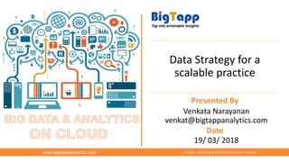 BigTapp Proprietary & Confidential; All rights reservedwww.bigtappanalytics.com
Presented By
Date
Data Strategy for a
scalable practice
Venkata Narayanan
venkat@bigtappanalytics.com
19/ 03/ 2018
 