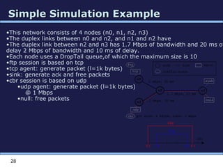 Simple Simulation ExampleSimple Simulation Example
28
•This network consists of 4 nodes (n0, n1, n2, n3)
•The duplex links between n0 and n2, and n1 and n2 have
•The duplex link between n2 and n3 has 1.7 Mbps of bandwidth and 20 ms of
delay 2 Mbps of bandwidth and 10 ms of delay.
•Each node uses a DropTail queue,of which the maximum size is 10
•ftp session is based on tcp
•tcp agent: generate packet (l=1k bytes)
•sink: generate ack and free packets
•cbr session is based on udp
•udp agent: generate packet (l=1k bytes)
@ 1 Mbps
•null: free packets
 