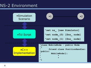 8
NS-2 EnvironmentNS-2 Environment
•Simulation
Scenario
•Tcl Script
•C++
Implementation
•1 •2
•set ns_ [new Simulator]
•set node_(0) [$ns_ node]
•set node_(1) [$ns_ node]
•class MobileNode : public Node
•{
• friend class PositionHandler;
•public:
• MobileNode();
• •
• •
•}
 