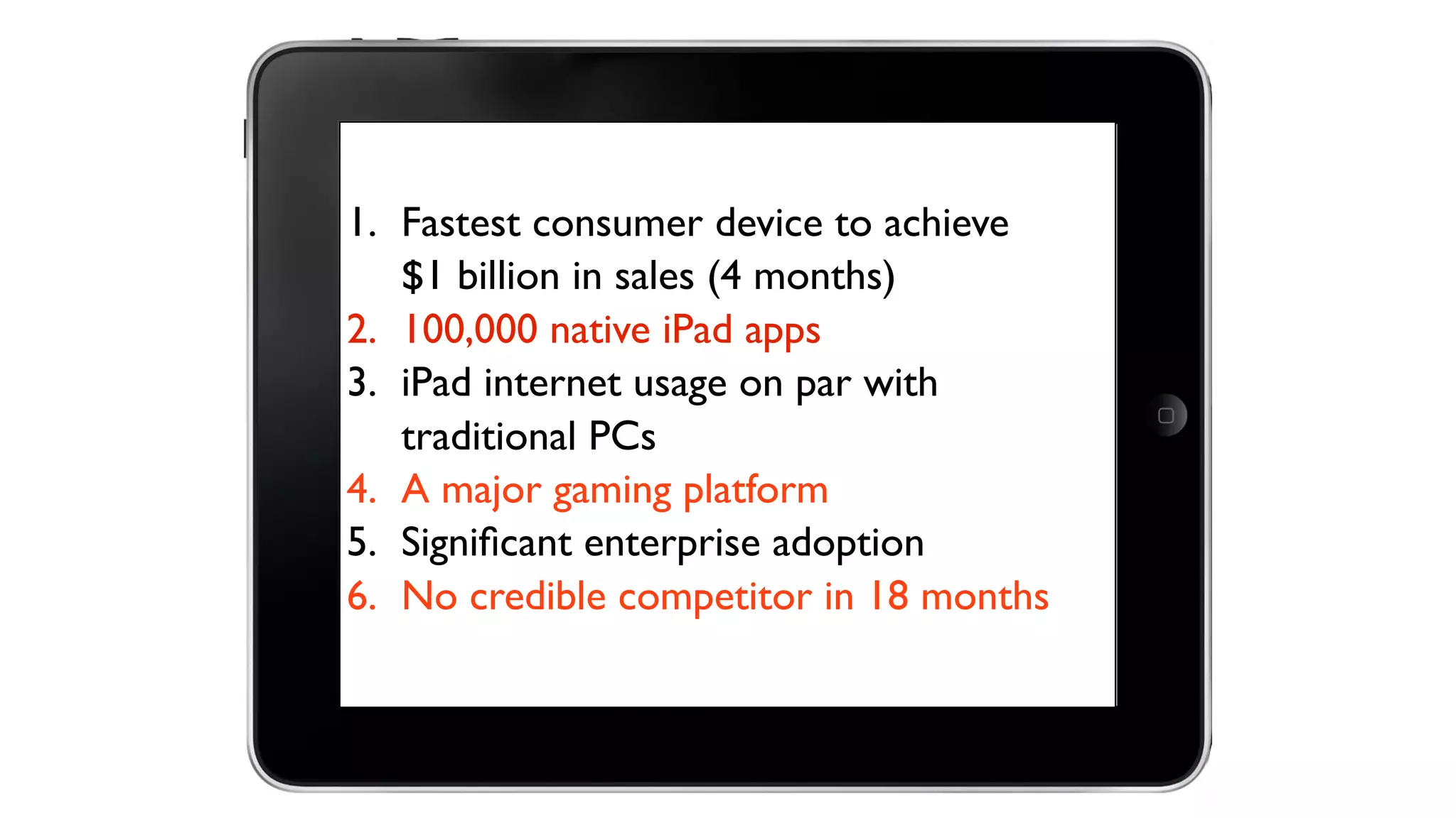 1. Fastest consumer device to achieve
   $1 billion in sales (4 months)
2. 100,000 native iPad apps
3. iPad internet usage on par with
   traditional PCs
4. A major gaming platform
5. Signiﬁcant enterprise adoption
6. No credible competitor in 18 months
 