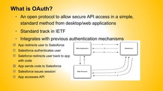 What is OAuth?
• An open protocol to allow secure API access in a simple,
standard method from desktop/web applications
• Standard track in IETF
• Integrates with previous authentication mechanisms
䐟 App redirects user to Salesforce
䐠 Salesforce authenticates user
䐡 Saleforce redirects user back to app
with code
䐢 App sends code to Salesforce
䐣 Salesforce issues session
䐤 App accesses API
 