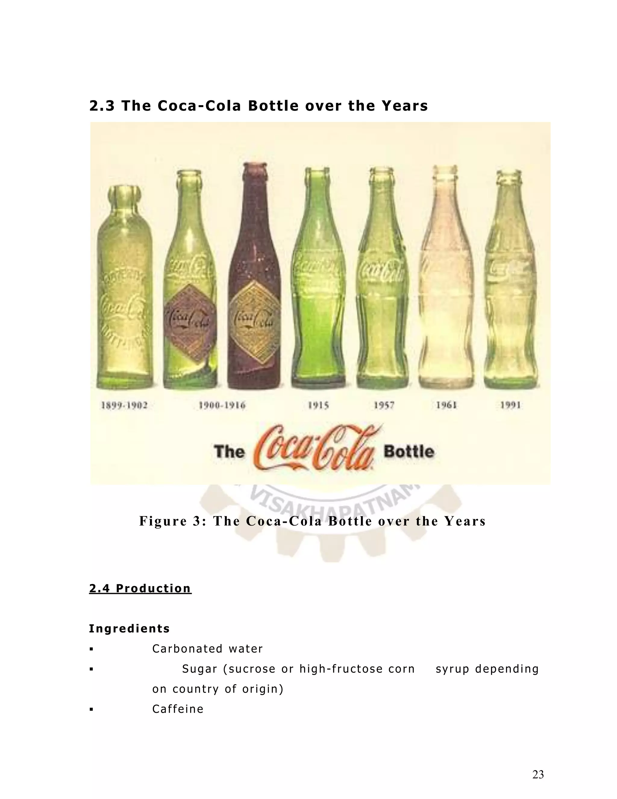 2 . 3 T h e C oc a -C o la B ot t l e ov e r t h e Y ea r s




        Fi g u r e 3 : T h e Co c a - Co l a B o t t l e o v e r t h e Y e a r s



2.4 Production


Ingredients
          Carbonated water
                Sugar (sucrose or high-fructose corn                syrup depending
           on country of origin)
          Caffeine




                                                                                   23
 