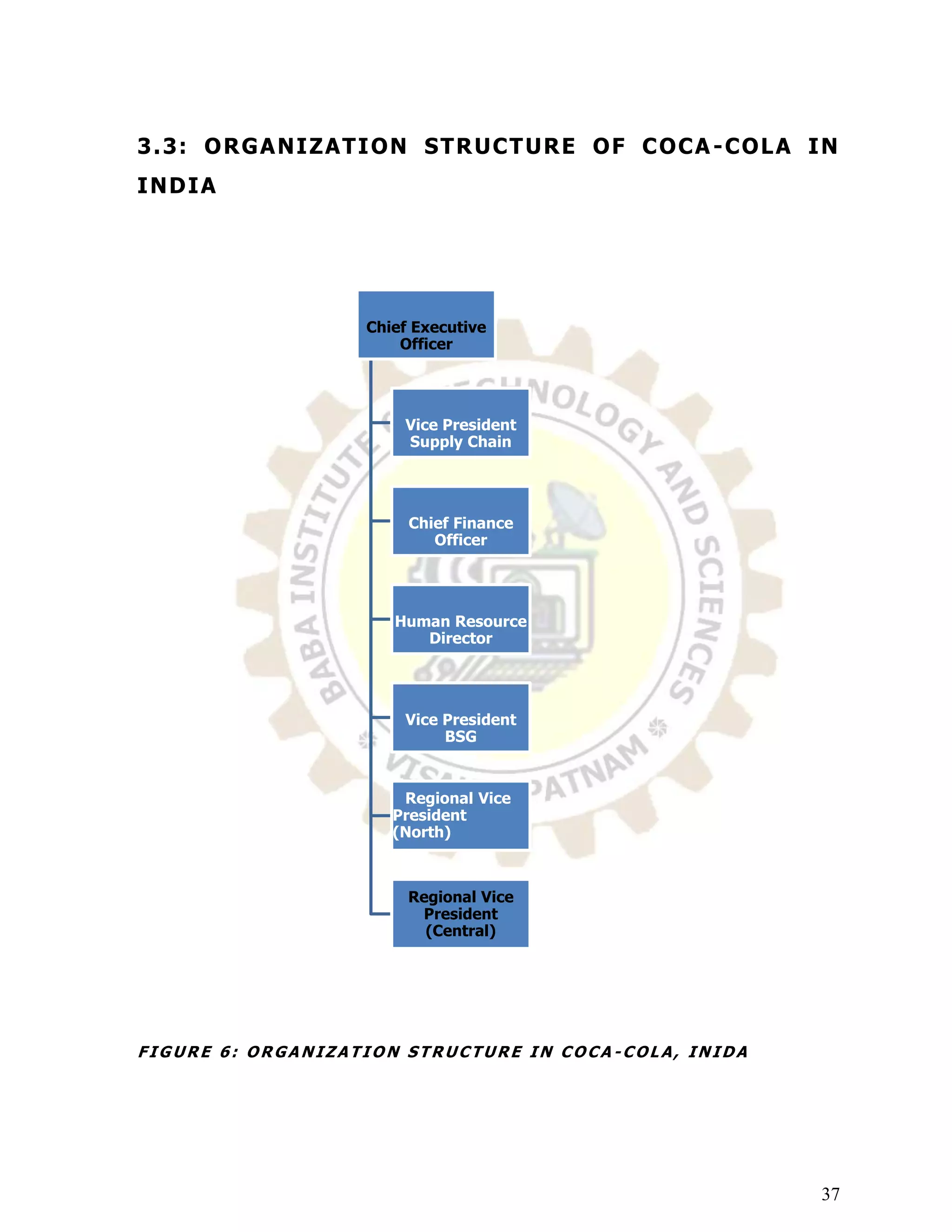 3 . 3: O R GA NI Z AT I O N S T R UC T UR E O F C O C A - C O L A I N
I ND I A




                      Chief Executive
                          Officer




                          Vice President
                          Supply Chain




                           Chief Finance
                              Officer




                         Human Resource
                            Director




                          Vice President
                               BSG


                          Regional Vice
                         President
                         (North)



                           Regional Vice
                            President
                             (Central)




FIGURE 6: ORGANIZATION STRUCTURE IN COCA-COLA, INIDA




                                                                   37
 