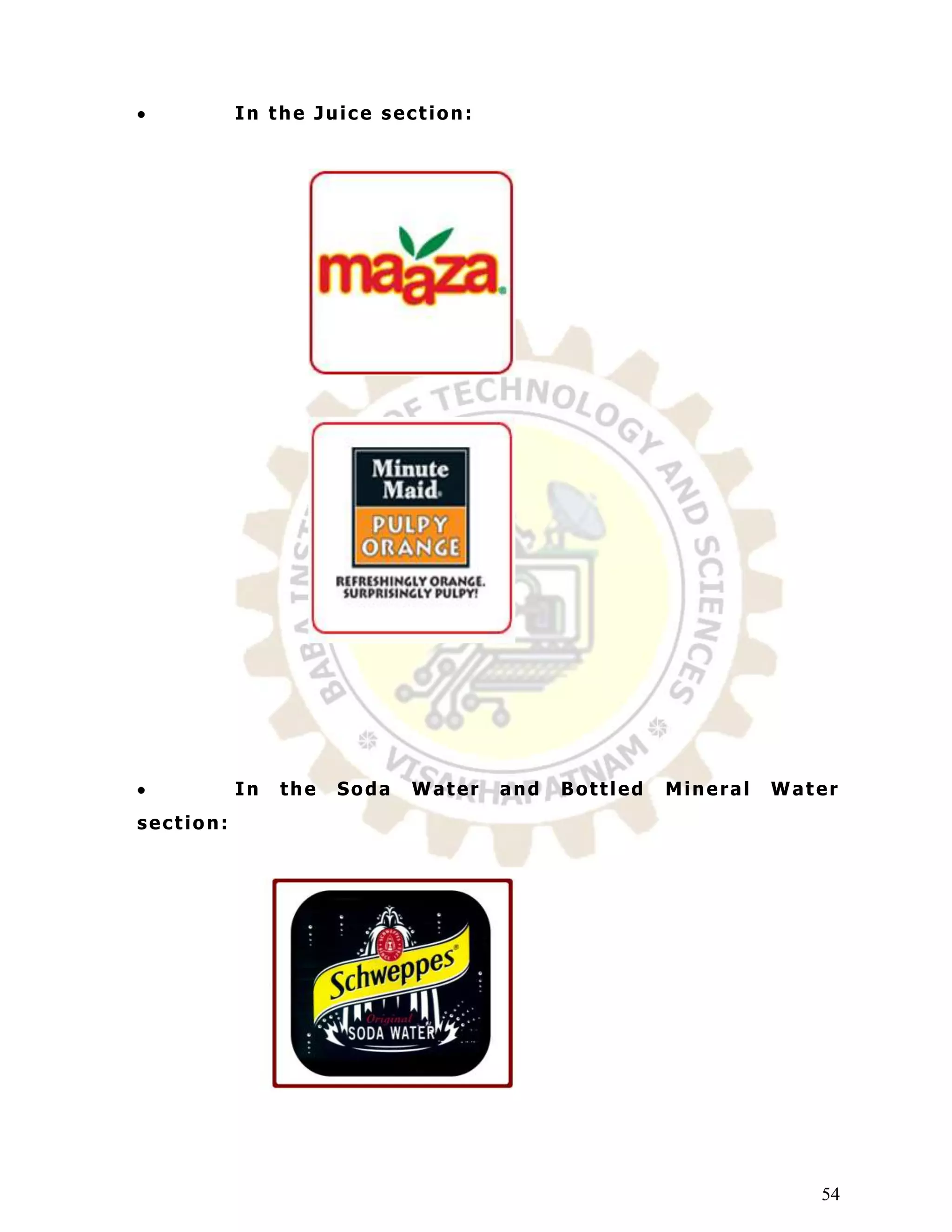 In the Juice section:




           In   the   Soda   Water   and   Bottled   Mineral   Water
section:




                                                                  54
 