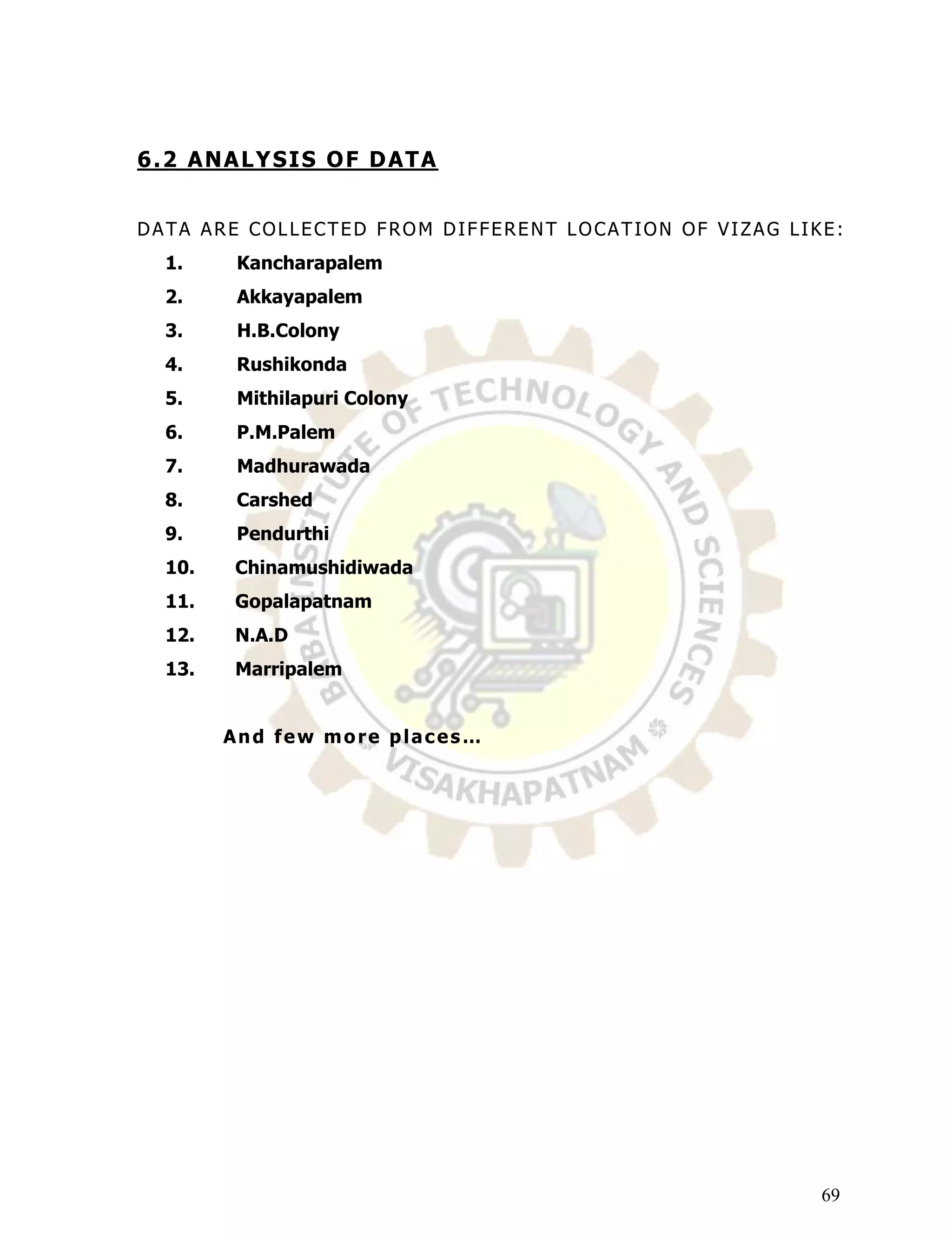 6 . 2 ANA L Y S I S O F D AT A


DATA ARE COLLECTED FROM DIFFERENT LOCATION OF VIZAG LIKE:
  1.     Kancharapalem
  2.      Akkayapalem
  3.      H.B.Colony
  4.     Rushikonda
  5.      Mithilapuri Colony
  6.     P.M.Palem
  7.      Madhurawada
  8.     Carshed
  9.     Pendurthi
  10.    Chinamushidiwada
  11.    Gopalapatnam
  12.    N.A.D
  13.    Marripalem


        And few more places…




                                                       69
 